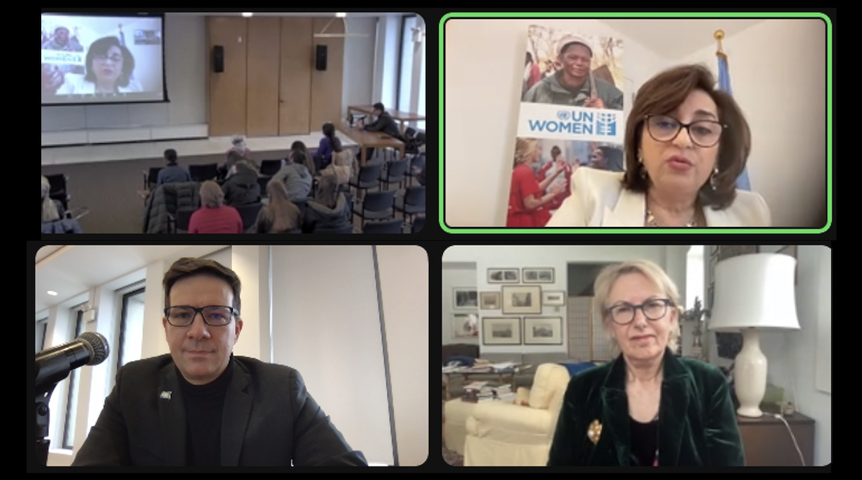 Sima Bahous, Executive Director of UN Women,  Professor Yasmine Ergas, director of SIPA’s Gender and Public Policy specialization and the Institute for the Study of Human Rights, and Professor Daniel Naujoks, interim director of SIPA’s International Organization and United Nations specialization